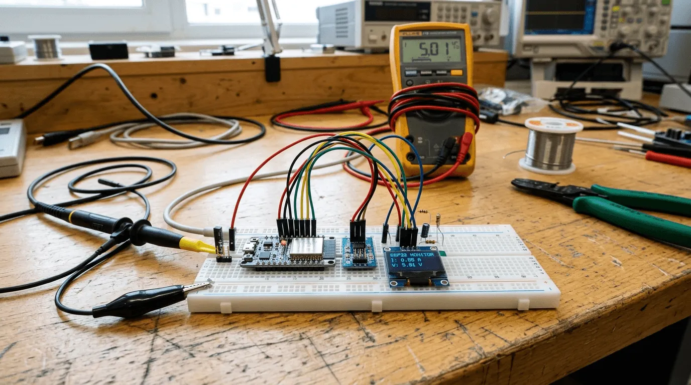 Solderless breadboard on a wooden workbench wired with an ESP32 module, ACS712 current sensor, blue OLED display showing live current and voltage, oscilloscope probe, and a yellow Fluke 115 multimeter reading 5.01 V