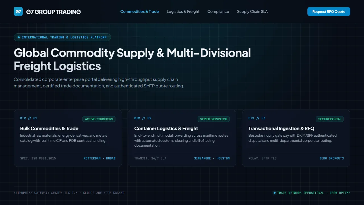 Dark enterprise portal for G7 Group Trading displaying top navigation, a blue Request RFQ Quote button, and three division cards for bulk commodities, container logistics, and SMTP RFQ ingestion