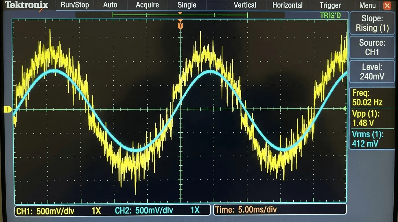 Tektronix digital oscilloscope screen displaying a noisy yellow 50.02 Hz AC waveform on channel 1 overlaid with a smooth RC-filtered cyan sine wave on channel 2 at 500 mV per division