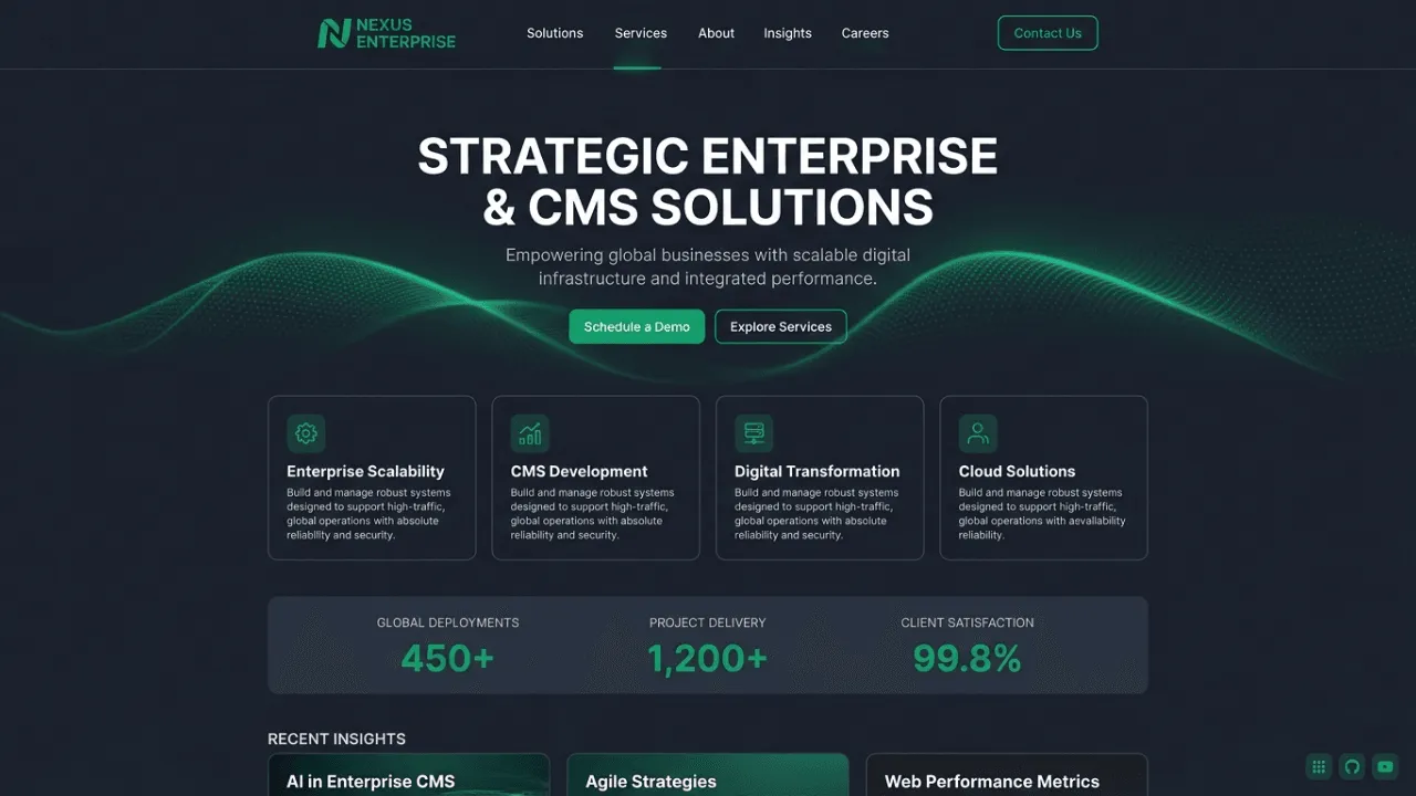 Dark corporate landing page for Nexus Enterprise showing a neon green wave background, four service cards for scalability and CMS development, and green metric counters